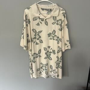 Vintage United Floral Hawaiian Polo Shirt Men's Size XL Cream w/ Green Flowers